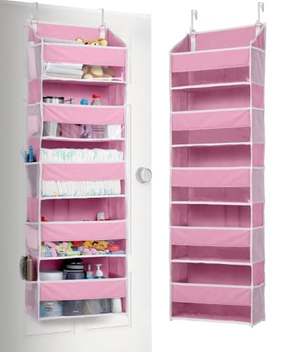 ULG 1 Pack Over Door Organizer with 5 Large Pockets 10 Mesh Side Pockets, 44 lbs Weight Capacity Hanging Storage Organizer with Clear Window Kids Toys, Shoes, Diapers, Pink - Image 1