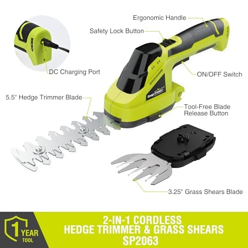 SnapFresh Cordless Grass Shear Bush Trimmer, 2 in 1 Handheld Hedge Trimmer, 7.2V Electric Grass Trimmers, Lightweight Shrubbery Trimmers Battery & Charger Included, Shrub Trimmer for Garden(Green) - Thumbnail 4