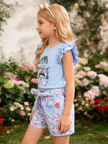 AMAWMW Girl 2 Piece Summer Outfit Ruffle Sleeve T-Shirt Top Floral High Waist Shorts Belt Set Cute Clothing, Blue, 5-6 Years - Thumbnail 3