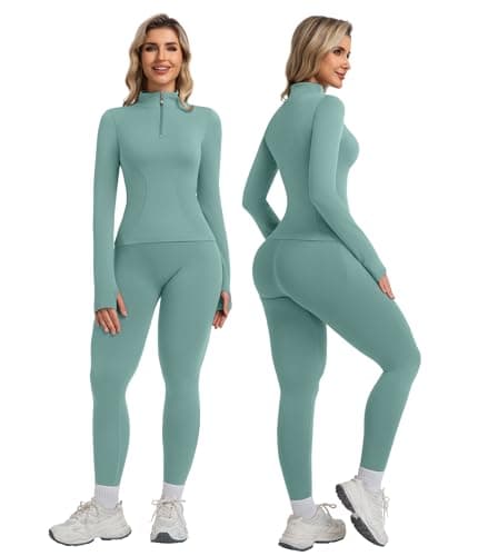 YOAKUKA Womens 2 Piece Workout Sets Quarter Zip Pullover High Waist Butt Lifting Leggings Seamless Yoga Outfits Gym Sets - Image 1
