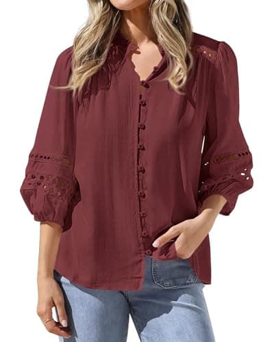 BTFBM Summer Tops for Women 2026 Eyelet Top 3/4 Length Sleeve Dressy Casual Blouses Spring Boho Button Down Shirts(Jujube Red, Large)