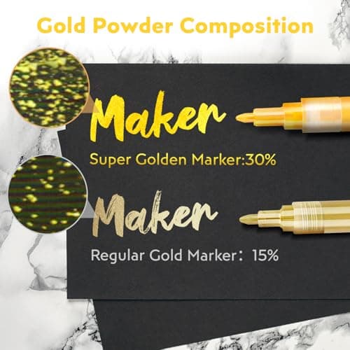 HOTU 5 Pack Super Gold Paint Markers - Metallic Gold Acrylic Paint Pens Glitter Extra Fine Tip 0.7mm for Black Paper,Wood, Rock Painting, Glass, Fabric - Thumbnail 4