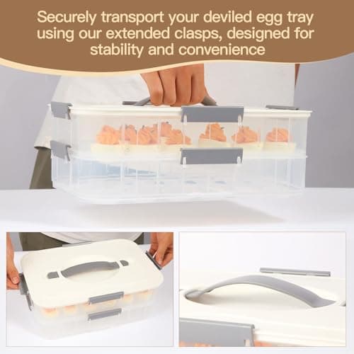 2-Layer Deviled Egg Containers With Lid,36pcs Easter Deviled Egg Tray Carrier with Handl Injector Piping Tool,Portable Stackable Egg Holder Platter Holder Organizer for Refrigerator Party Picnic Event - Thumbnail 3