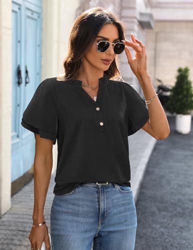 LOOKBOHO Dressy Tops for Women Casual Business Work Blouses Ruffle Short Sleeve V Neck Trendy Summer Button Down Tshirt XL Black-a - Thumbnail 3