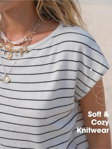 EXLURA Womens 2 Piece Sweater Sets Stripe Cap Sleeve Knit Tops Shorts Set Faux Cashmere Summer Beach Vacation Cruise Outfit - Thumbnail 5