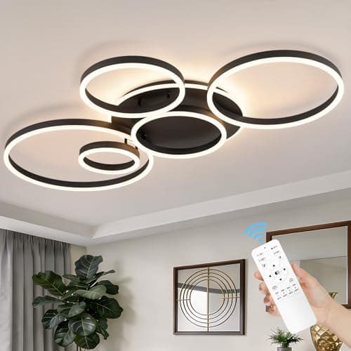 Modern LED Ceiling Light Black Flush Mount Ceiling Light Dimmable Dining Room Light Fixtures with Remote 5 Rings Acrylic Kitchen Lighting Fixtures Ceiling Lamp for Living Room Bedroom (Black, 5 Rings) - Image 1