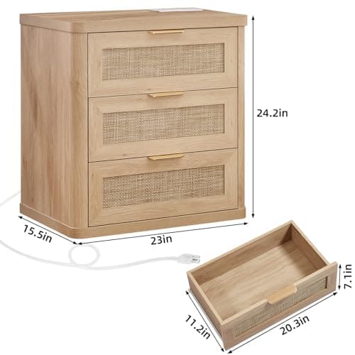 LEYAOYAO Rattan Night Stand Set of 2 with Charger Station, 23" Large 3 Drawer Boho Nightstand, Natural Wood Bedside Table Storage Cabinet, Bed Side End Tables for Bedroom, Living Room, Hallway - Thumbnail 3
