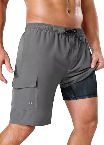 SILKWORLD Mens Swim Trunks Swim Shorts Quick Dry 9 inch Inseam Beach Shorts with Compression Liner and Zipper Pocket, Grey Frosted, Small - Image 1