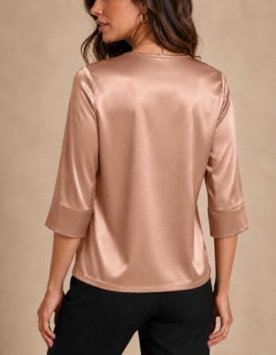Bakoliza Summer Outfits for Women 3/4 Sleeve Womens Tops Women Silk Satin Blouse V Neck Blouses Light Coffee - Thumbnail 5