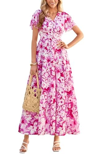 PRETTYGARDEN Women Summer Maxi Dresses 2026 Short Sleeve V Neck Button Floral Tiered Flowy Boho Sundress Beach Outfits(Floral White Rose Red,XX-Large) - Image 1