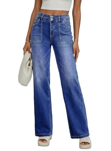 EVALESS High Waisted Jeans for Women 2025 Trendy Stretchy Wide Leg Boyfriend Straight Leg Jeans Casual Baggy Zimbaplatinum Denim Pants Dirty Blue Dirty Blue Size 4 - Image 1