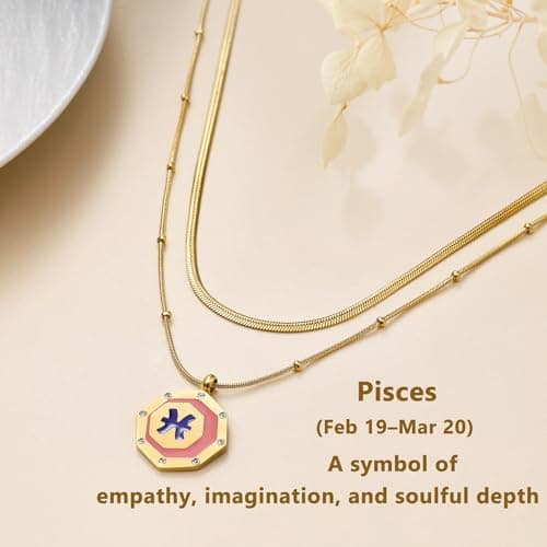 LETFLY Pisces Zodiac Necklace for Women, 18K Gold Plated Octagon Shaped Pendant with Cubic Zirconia Adjustable Layered Snake Chain for Womens Jewelry Gifts - Thumbnail 5