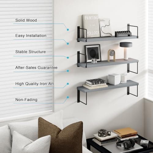 EALLRINEC Floating Shelves - 24 Inch Wall Mounted Set of 3, Rustic Wood Storage Shelves for Living Room (Grey) - Thumbnail 4