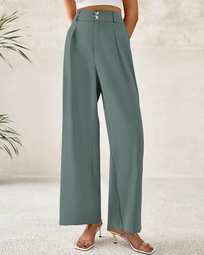 BTFBM Women Wide Leg Dress Pants 2026 High Waisted Button Pleated Business Casual Trousers Office Work Palazzo Pants(Grey Green, Medium) - Thumbnail 5