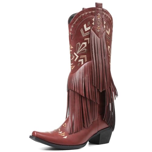 SaraIris Women's Red Cowgirl Boots Knee High Fringe Tassel Western Pointed Toe Wide Calf Cowboy Boots for Women - Thumbnail 2