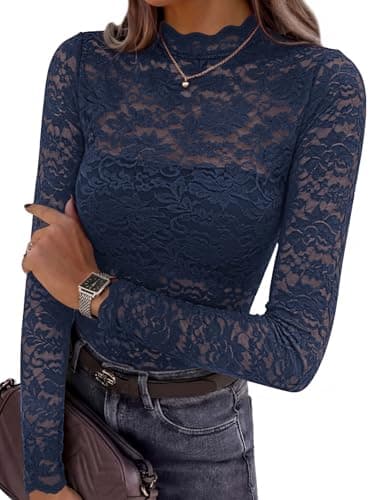 PRETTYGARDEN Womens Lace Long Sleeve Top Mesh Sheer Blouses Mock Neck See Through Slim Fitted Tops 2026 Fall Fashion Clothes (Navy Blue,Medium) - Image 1