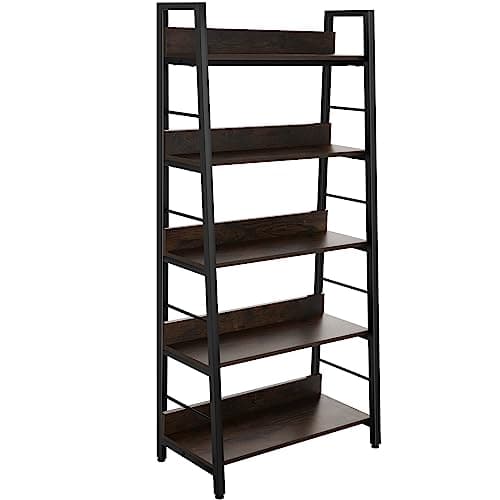 BATHWA 5 Tier Book Shelf, Rustic Industrial Ladder Bookshelf Wood Metal, Dark Brown Farmhouse 28'' Wide 59''Tall Ladder Shelf Living Room, Bedroom, Home Office - Image 1