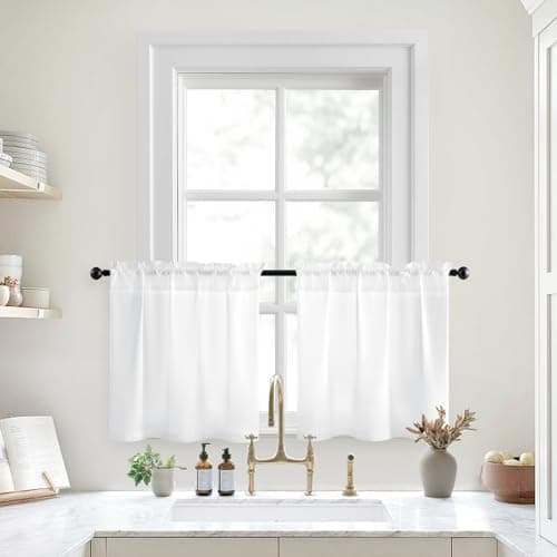HOMEIDEAS Sheer Curtains 24 Inch Length, Non See Through White Privacy Semi Light Filtering Elegant Lightweight Short Window Drapes for Living Room, Bedroom, Kitchen， 30 X 24 Inches 2 Panels Set - Image 1