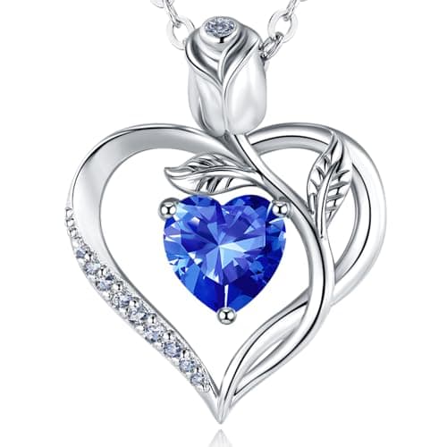 JACUPO Heart Birthstone Necklace for Women I Love You Deep Blue Silver - Image 1