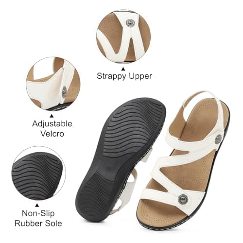 Goldnut Flat White Sandals For Women Dressy, Ankle Strap Arch Support White Walking Comfortable Flats Open Toe Orthopedic Sandalias US Size 8.5 - Thumbnail 4