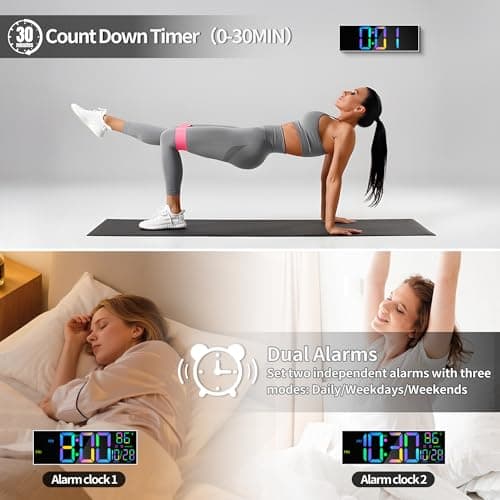 Mee 2ou 16.5" Digital Wall Clock White with Bluetooth Auto-Sync,Large LED Display,Smart Auto Dimming,DST,Remote Control, Night Light, Date & Temperature for Living Room, Gym, Office - Thumbnail 5