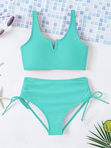 AMAWMW Girls Swimsuit Solid Color V-Neck Cutout Bikini Set Quick Dry Two Piece Bathing Suit for Girl Kids 7-16Y, Cyan, 9-10 Years - Thumbnail 6