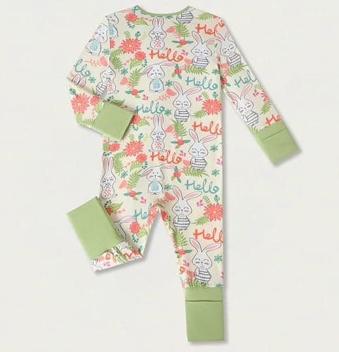 Joonberry Unisex Baby Bamboo Viscose Long Sleeve Romper, Cute Prints Zipper Footless Jumpsuit, Toddler One-Piece Outfits (Rabbit, 18-24M) - Thumbnail 2