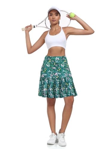 KORALHY 21" Golf Skorts with Pockets Pleated Tennis Skirts with Shorts Knee Length Skort for Athletic, Workout, Casual Wear Green Floral M - Thumbnail 5