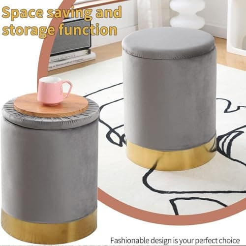 Mxfurhawa Velvet Storage Ottoman Multipurpose Footrest Stool with Metal Base Modern Round Vanity Stool Chair Ottoman Foot Stools Support 300 lbs Padded Seat for Living Room (Grey (Velvet)) - Thumbnail 4