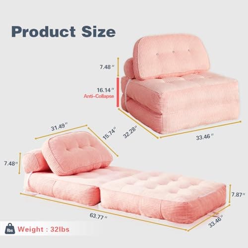 NESLAKO Folding Sofa Bed, Flannel Futon Couch Bed with Pillow and Blanket, Convertible Sleeper Chair for Living Room Bedroom, Pink - Thumbnail 2