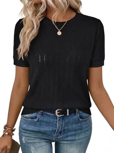 LaGracia Sweater for Women Short Sleeve Crew Neck Lightweight Sweaters Casual Summer Spring Tops 2026 Black S - Image 1