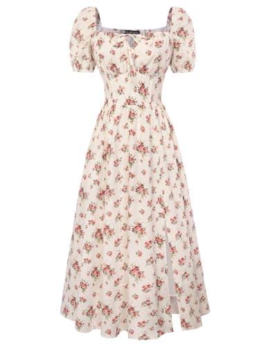 Scarlet Darkness Women's Floral Corset Dress with Split 2026 Summer Spring Square Neck Midi Milkmaid Dresses Beige Red Ditsy-Floral L - Image 1