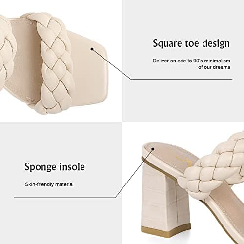 Athlefit Women's Braided Heeled Sandals Summer Square Open Toe Heels Slip On Block Heels Beige Size 8 - Thumbnail 5