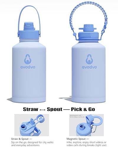 avodvo 64 oz Water Bottle with 2 Lids (2-in-1 Straw & Spout Lid, Magnetic Lid), Insulated Water Bottle with Strap, Stainless Steel Water Bottle for Hiking, Gym, Travel, BPA-Free, Light Blue - Thumbnail 3