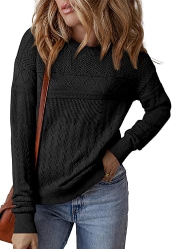 SHEWIN Womens Sweaters Lightweight Crew Neck Sweater Long Sleeve Shirts Crochet Pullover Tops Fall Clothes for Women 2025, Black, M - Image 1