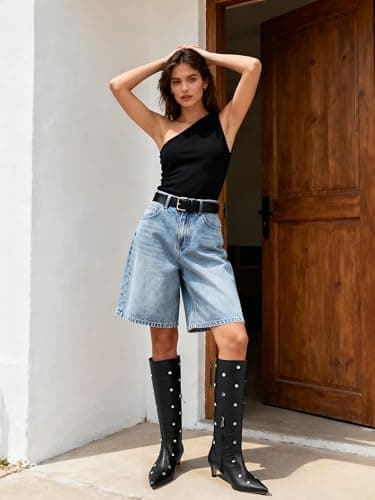 QIV Black Studded Knee High Boots Women Pointed Toe Kitten Heel Mid Wide Calf Boots with Zipper Size 6 - Thumbnail 3