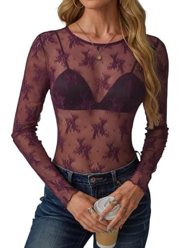 GKBK Womens Mesh Long Sleeve Tops Crew Neck Sexy See Through Tee Dressy Casual Shirts Party Club Night Lace Blouse Western Wear Outfit Clothes Going Out Clothing Burgundy XL - Image 1