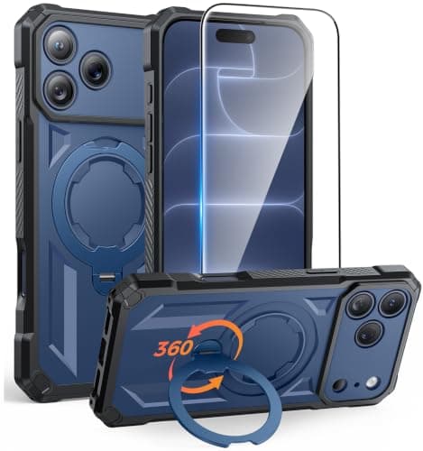 FNTCASE for iPhone 17 Pro-Max Case: [360 Spin Magnetic Ring Kickstand] [Compatible for MagSafe] [Screen Protector] Heavy Duty Military Grade Protection Protective Phone Case with Stand Blue