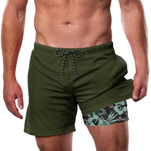 Cozople Mens Swim Trunks with Compression Liner Army Green Bathing Suit with Pockets Quick Dry Swimming Board Shorts Stretchy 5.5" Inseam Swimwear Rafting Surfing Diving Snorkeling Swimming Slides - Image 1