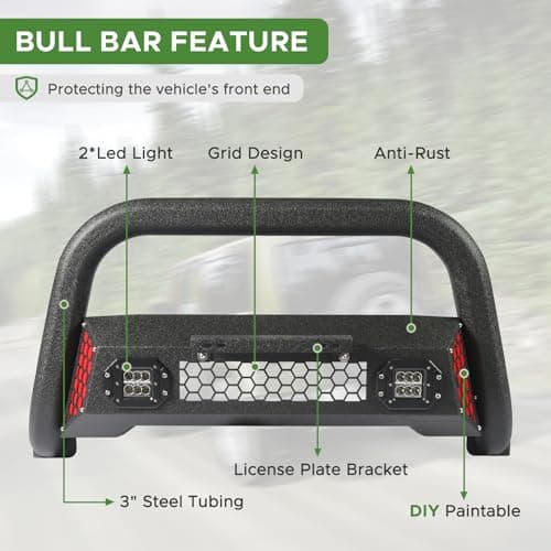 Partree Bull Bar Fit for Toyota Tacoma 2nd gen 05 06 07 08 09 10 11 12 13 14 15 with LED Light & w/License Plate Bracket DIY Paintable Truck Front Bumper Brush Push Bar Front Grille Guard Protector - Thumbnail 3