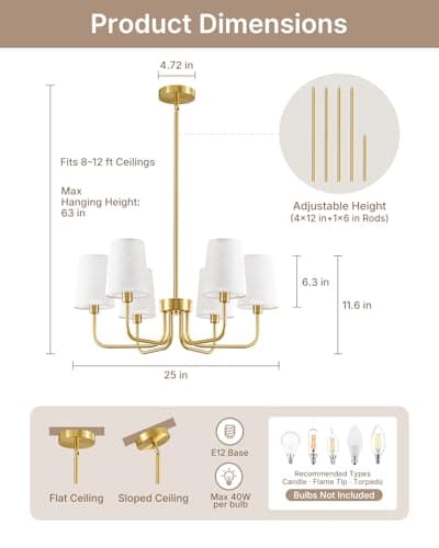 Yunnix 6-Light Gold Chandelier for Dining Room, Modern Chandelier Light Fixture with White Linen Shades, UL Listed Farmhouse Brass Chandeliers for Living Room Kitchen Bedroom Entryway Foyer - Thumbnail 5