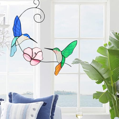 Hummingbird Stained Glass Window Hanging, Handmade Humming Bird with Flower Suncatcher, Sun Catcher Indoor Decor, Decoration, Gift for Women Mom Bird Lover, 10"(W) X8(H), Gift Package, Hanger Given - Thumbnail 5