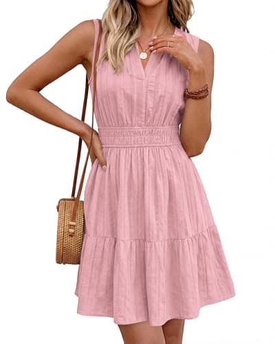 BTFBM Women Summer Dresses 2026 Casual Mini Dress Sleeveless V Neck Boho Beach Fashion Clothing A Line Dress Pockets(Pink, XX-Large) - Thumbnail 5