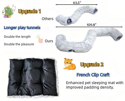 XxingSheep XL Cat Tunnel with Bed for Indoor Cats Peekaboo Cat Cave Donut Toy with Warm Mat,Yellow-Brown - Thumbnail 5