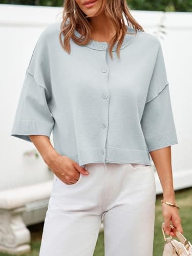 Cicy Bell Womens Half Sleeve Cardigan Sweaters Cropped Button Down Tops Oversized Lightweight Ribbed Knit Summer Outfits Grey Blue - Thumbnail 2