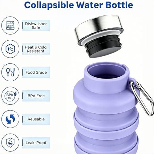 YCT Collapsible Water Bottle 17oz（500ml），Travel Portable Sport Water Bottle，Reusable Silicone Foldable Water Bottles for Gym Camping Hiking (Purple+Black) - Thumbnail 4
