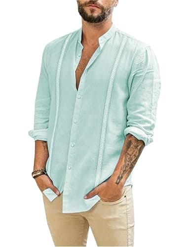 JEKAOYI Mens Linen Shirts Long Sleeve Button Down Shirts Business Dress Clothing Beach Vacation Summer Tops Mint Blue - Image 1