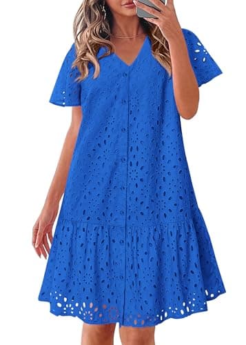 KIRUNDO Eyelet Dresses for Women 2026 Spring Summer Short Sleeve Button Down Loose Mini Babydoll Dress Beach Vacation Clothes(Blue, Small) - Image 1