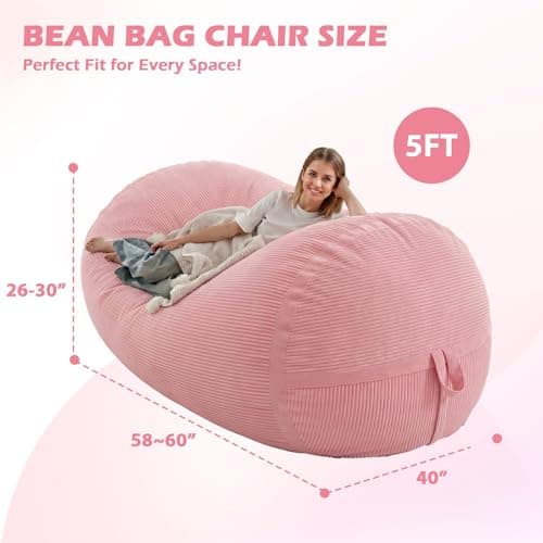 HABUTWAY Bean Bag Chair, 5FT Giant Bean Bag Chair with Memory Foam, Ultra-Soft Corduroy Cover & Zipper Design, Portable Handle – Comfy Bean Bag Sofa for Living Room, Bedroom, No Assembly - Pink - Thumbnail 2