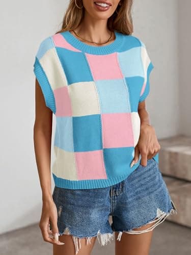 Libsorge Women's Knit Crop Top - Checkered Cute Sweater, Cap Sleeve, Crew Neck | Trendy Casual Short Sleeve Blue - Thumbnail 5